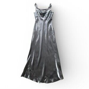 Vintage Cachet Maxi Dress 12 Silver Metallic Flowing Formal Art Deco Gatsby Glam